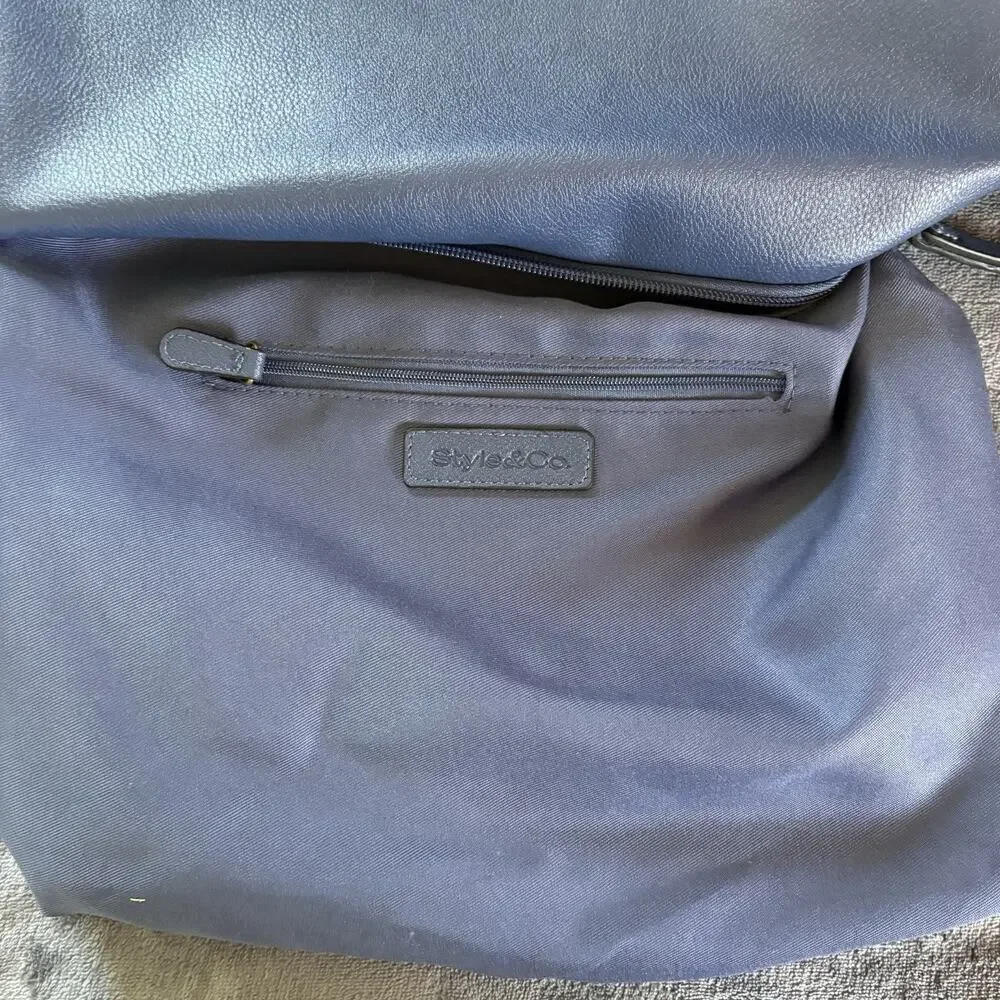 Style & Co Hudsonn Blue Hobo Bag Adjustable Strap Zipper Pockets Vegan Leather